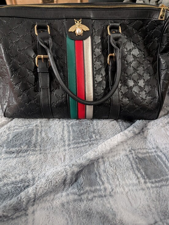 Handbags - Black Quilted Large Tote/Luggage with Red & Green Stripe and Gold Bee Accent